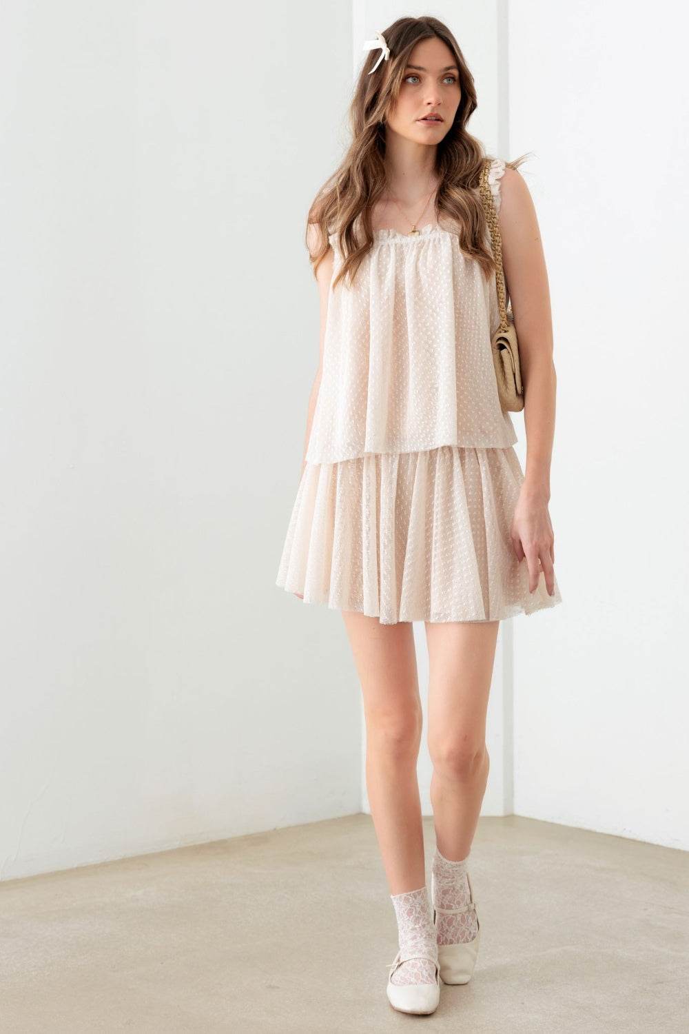 Mustard Seed Sheer Pin Dot Tank and Elastic Waist Skirt Set - DaTrendStore.Com