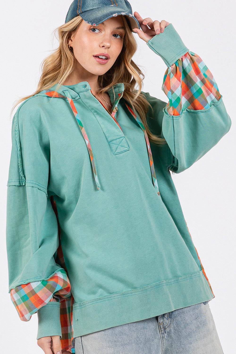 SAGE + FIG Full Size Plaid Print Washed Hoodie - DaTrendStore.Com