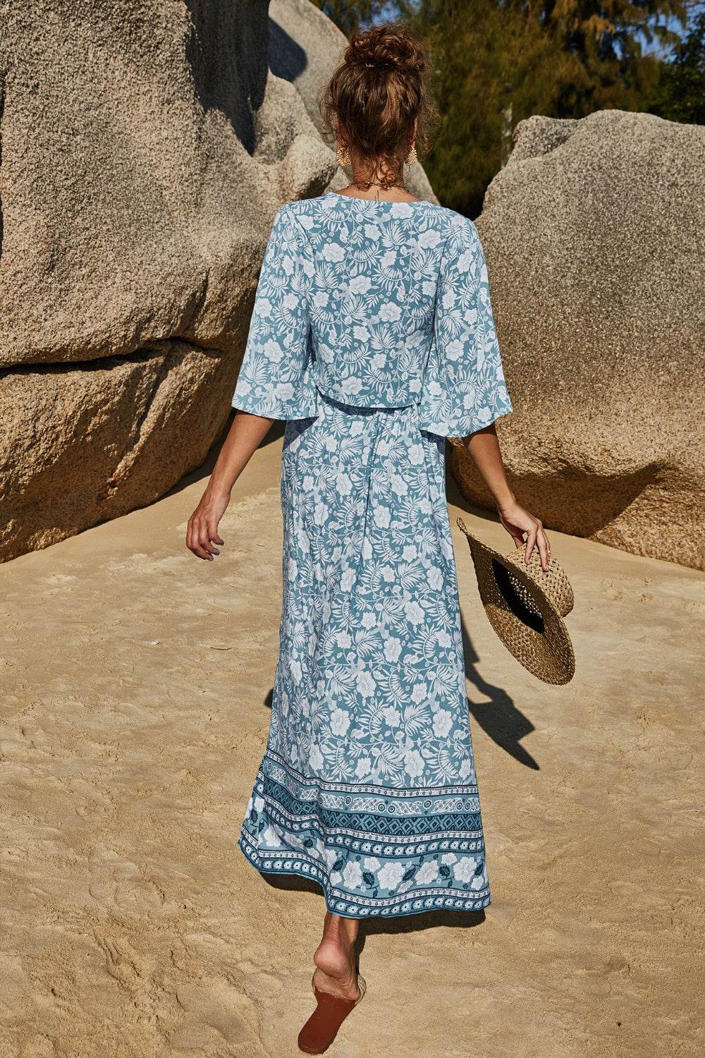 Printed Half Sleeve Top and Slit Skirt Set - DaTrendStore.Com