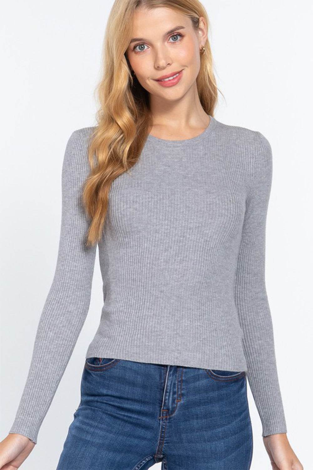 ACTIVE BASIC Full Size Ribbed Round Neck Long Sleeve Knit Top - DaTrendStore.Com