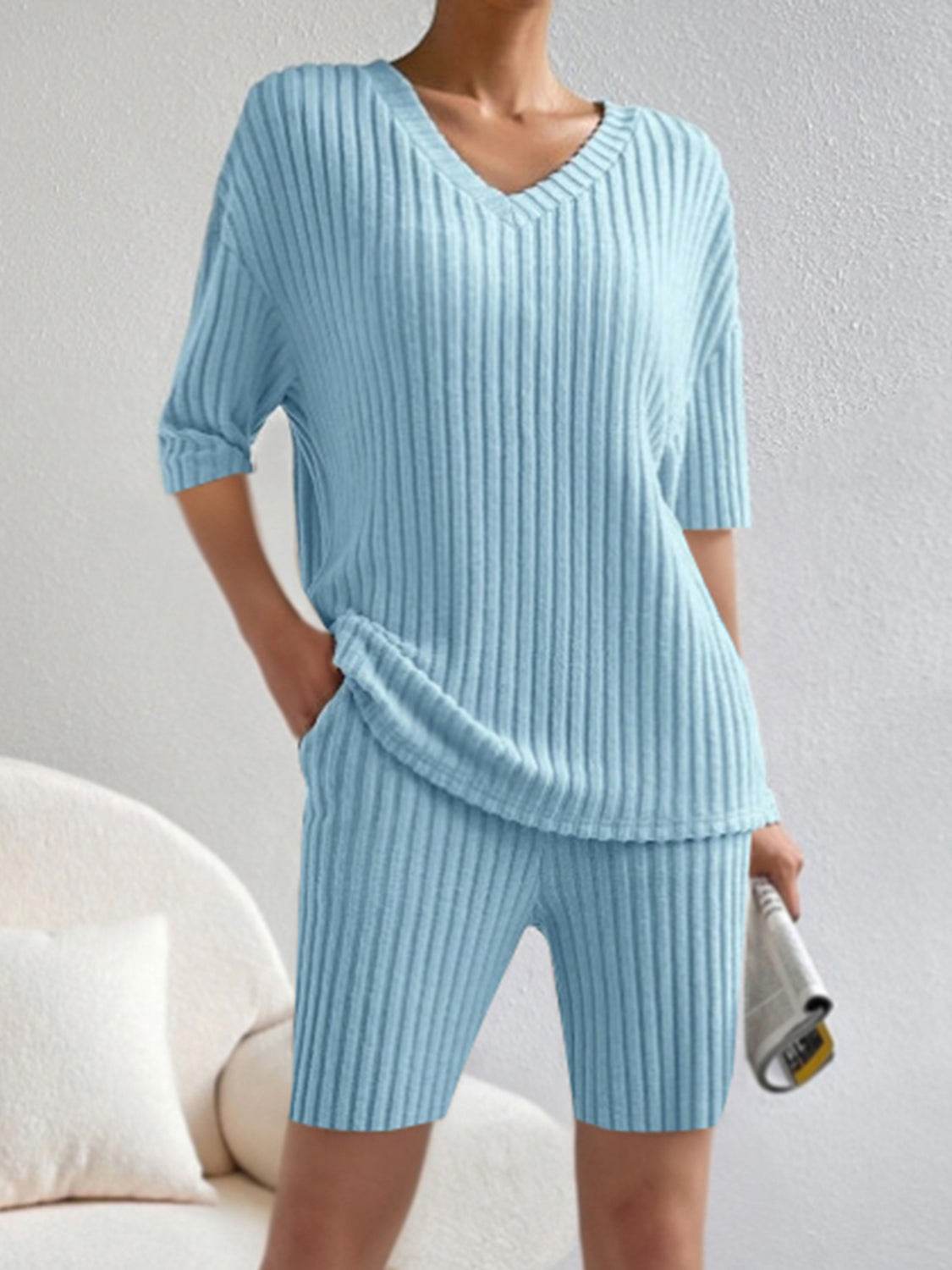 Ribbed V-Neck Top and Shorts Set - DaTrendStore.Com