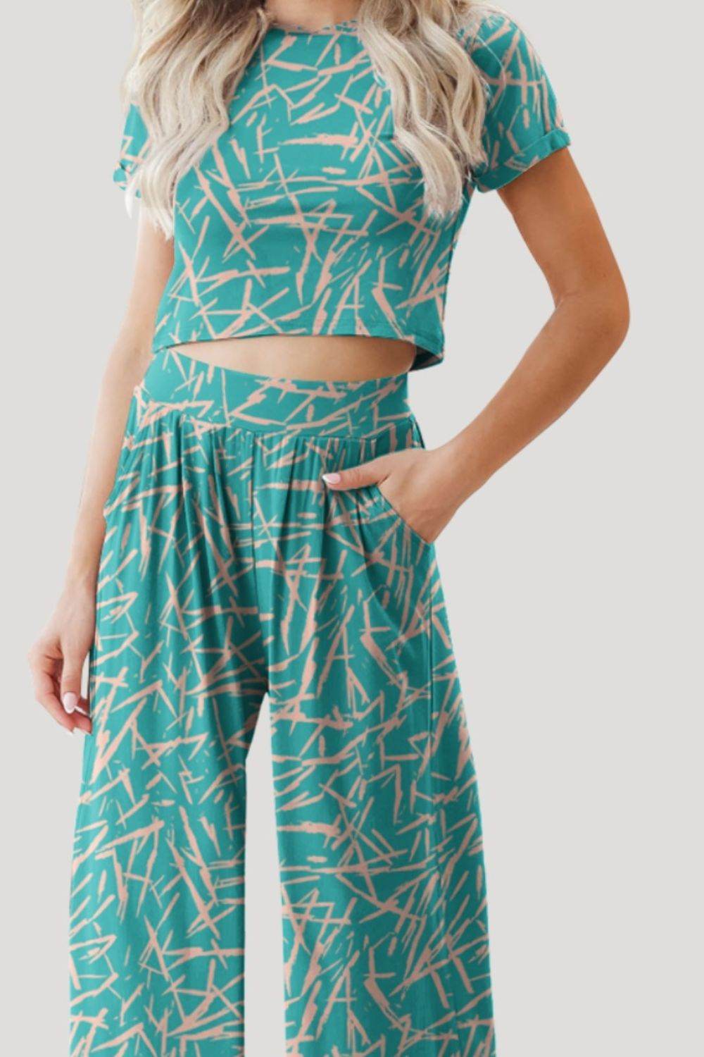 FAM-FAM Printed Round Neck Short Sleeve Top and Pants Set - DaTrendStore.Com