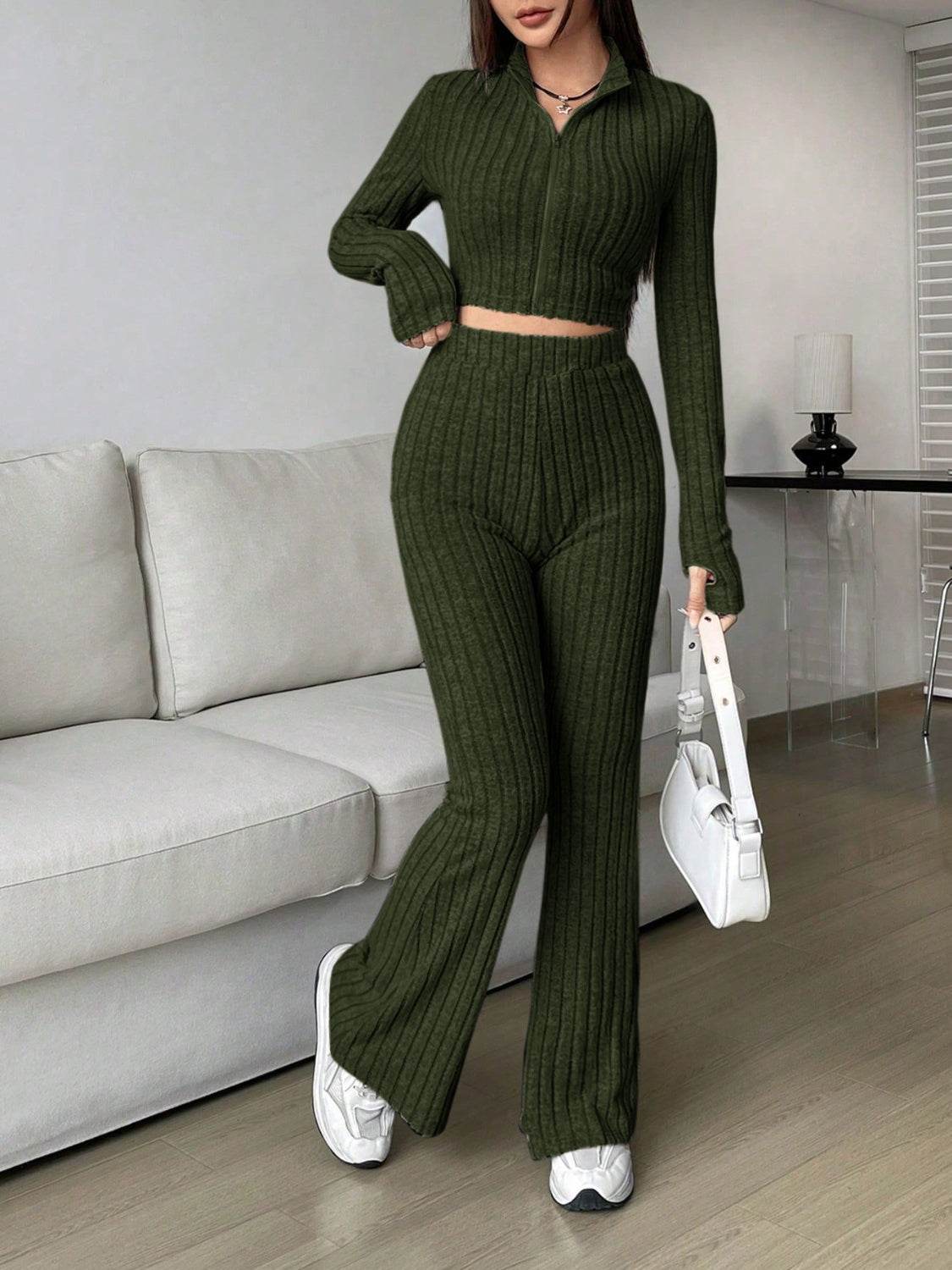 Honey Zip Up Long Sleeve Top and Pants Set - DaTrendStore.Com