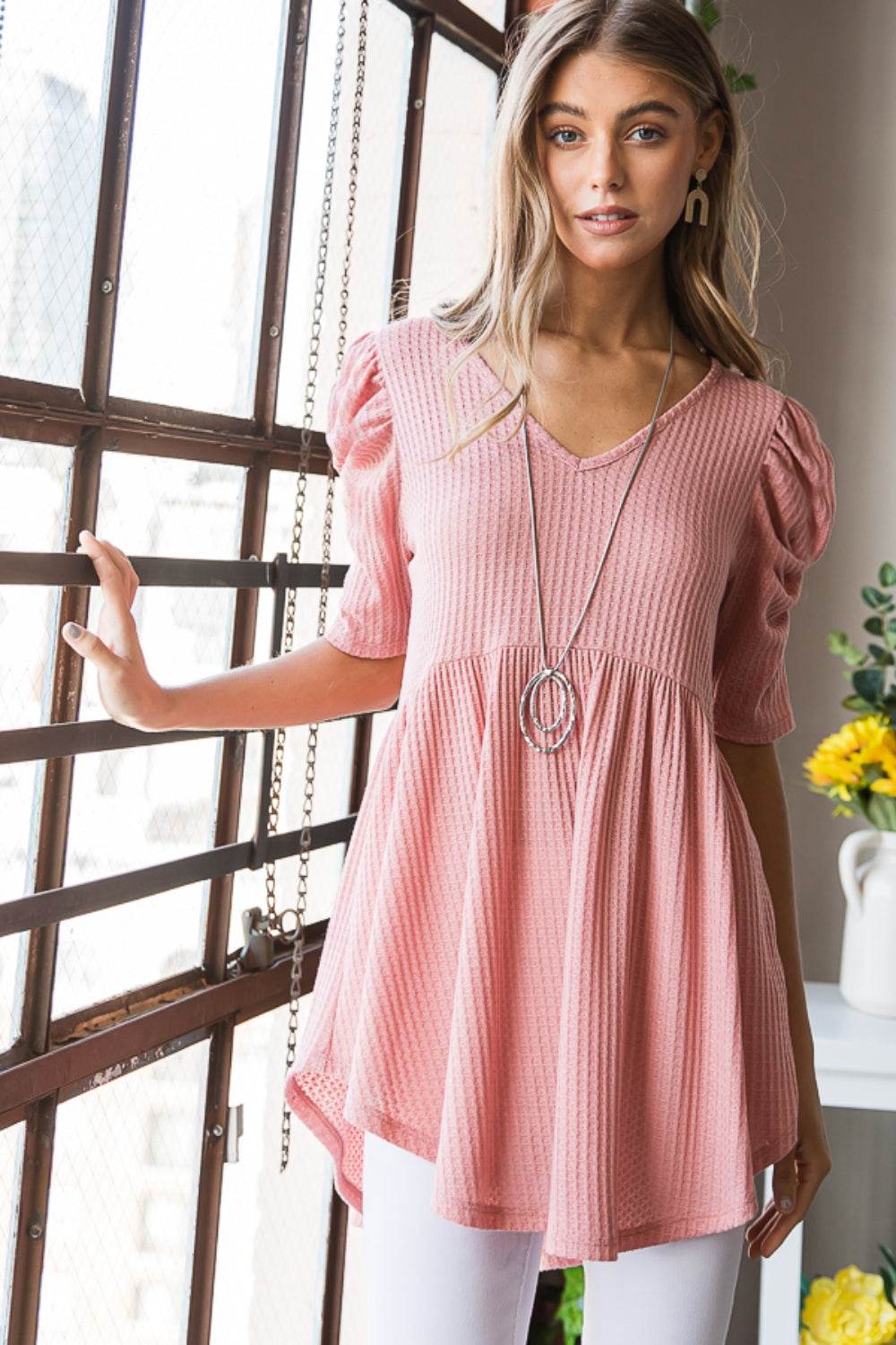 Heimish Full Size Waffle Knit V-Neck Babydoll Top - DaTrendStore.Com