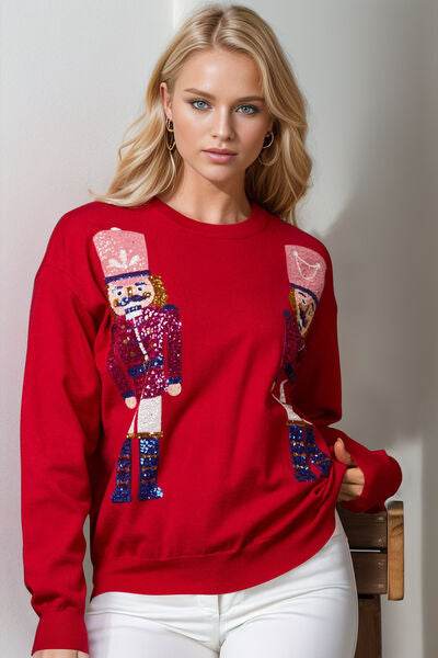 Double Take Full Size Nutcracker Sequin Long Sleeve Sweater - DaTrendStore.Com