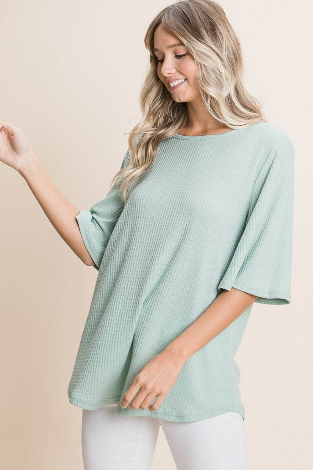 BOMBOM Round Neck Waffle Knit T-Shirt - DaTrendStore.Com