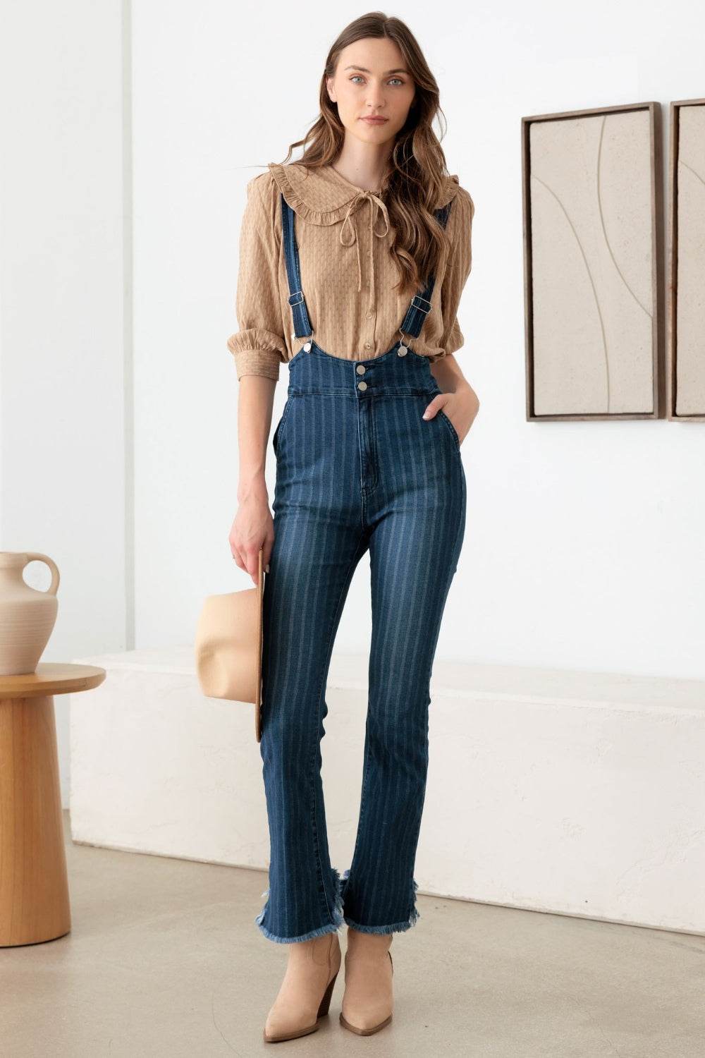 Litz La Striped Stretched Suspender Denim Overalls - DaTrendStore.Com