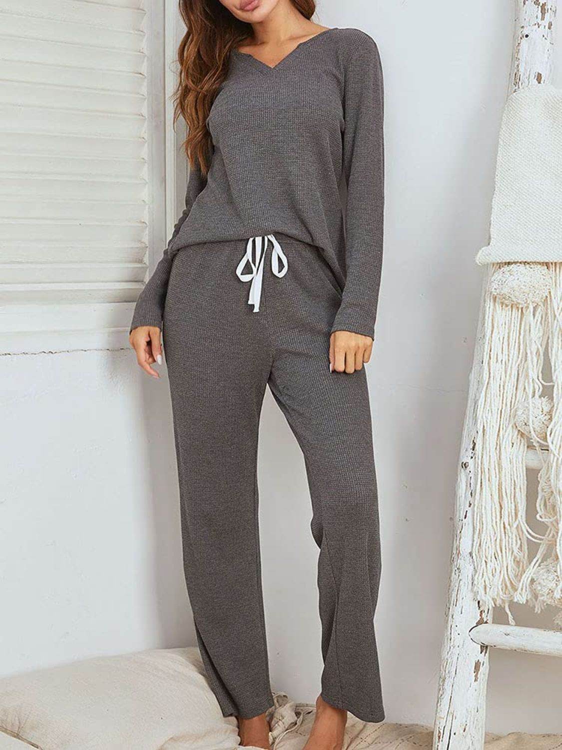 Notched Long Sleeve Top and Pants Set - DaTrendStore.Com