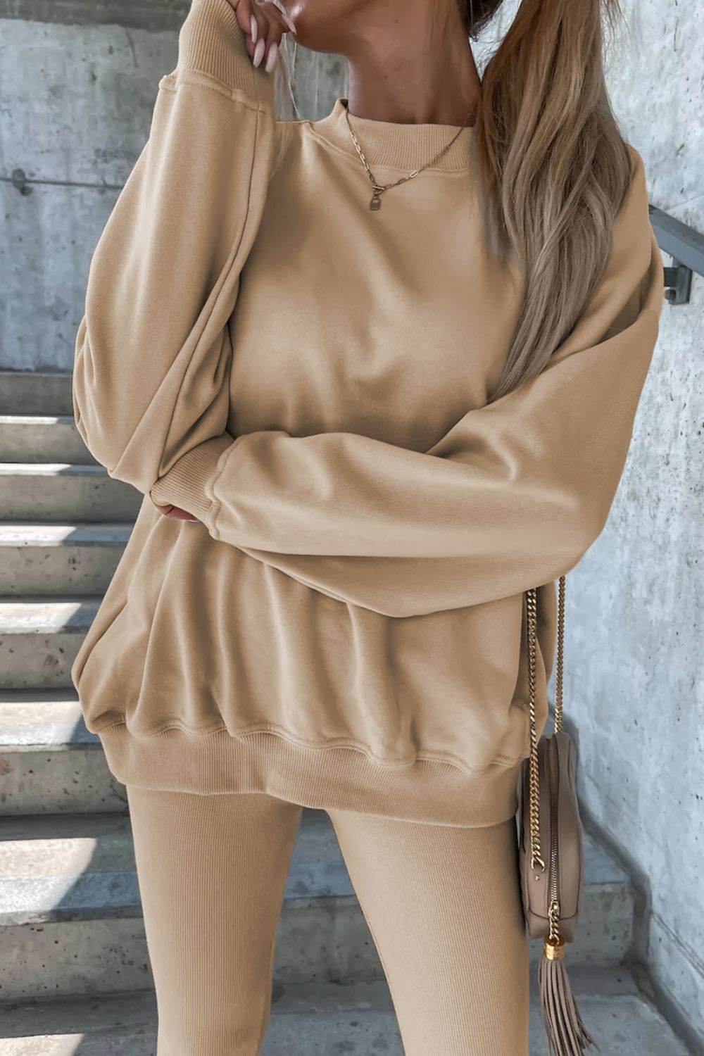 Round Neck Dropped Shoulder Sweatshirt and Pants Set - DaTrendStore.Com