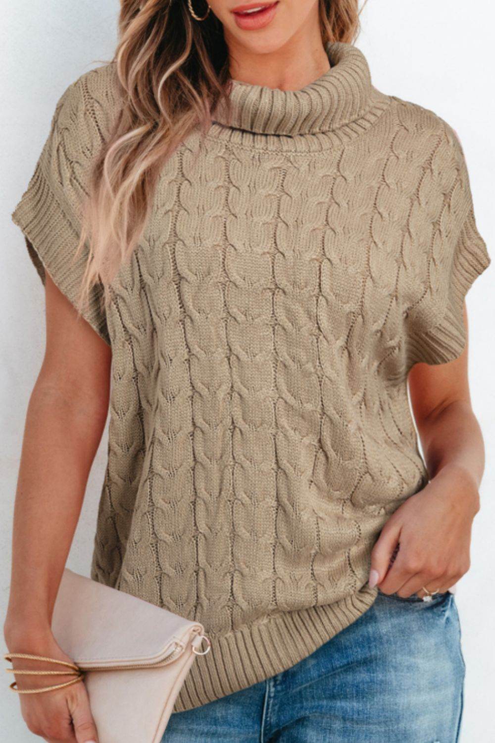 Cable Knit Turtleneck Short Sleeve Sweater - DaTrendStore.Com