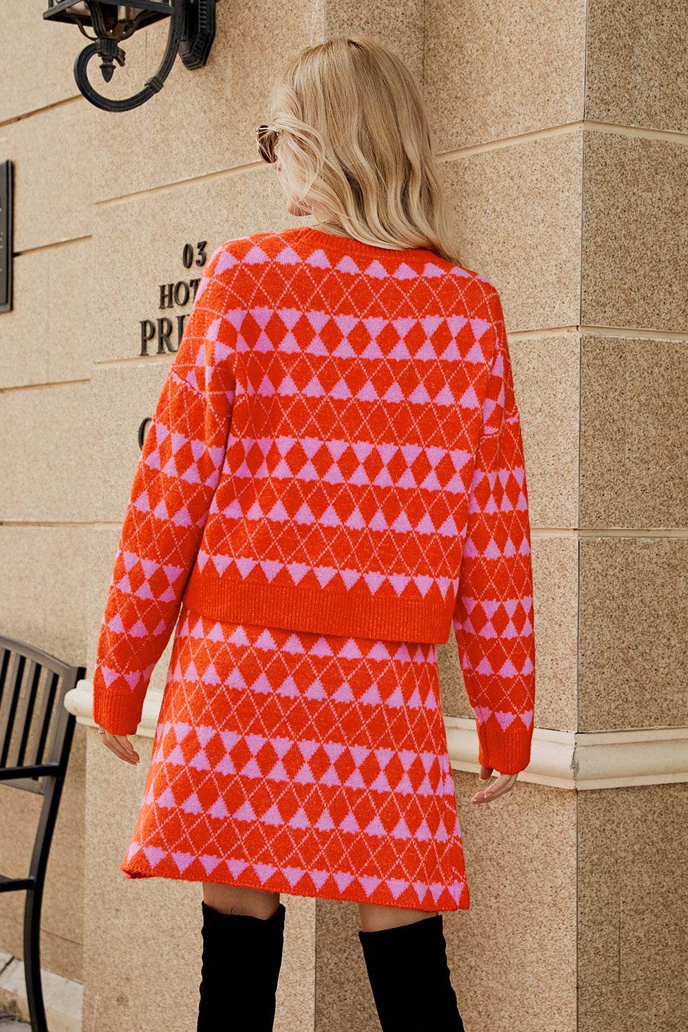 Geometric Button Front Cardigan and Skirt Set - DaTrendStore.Com
