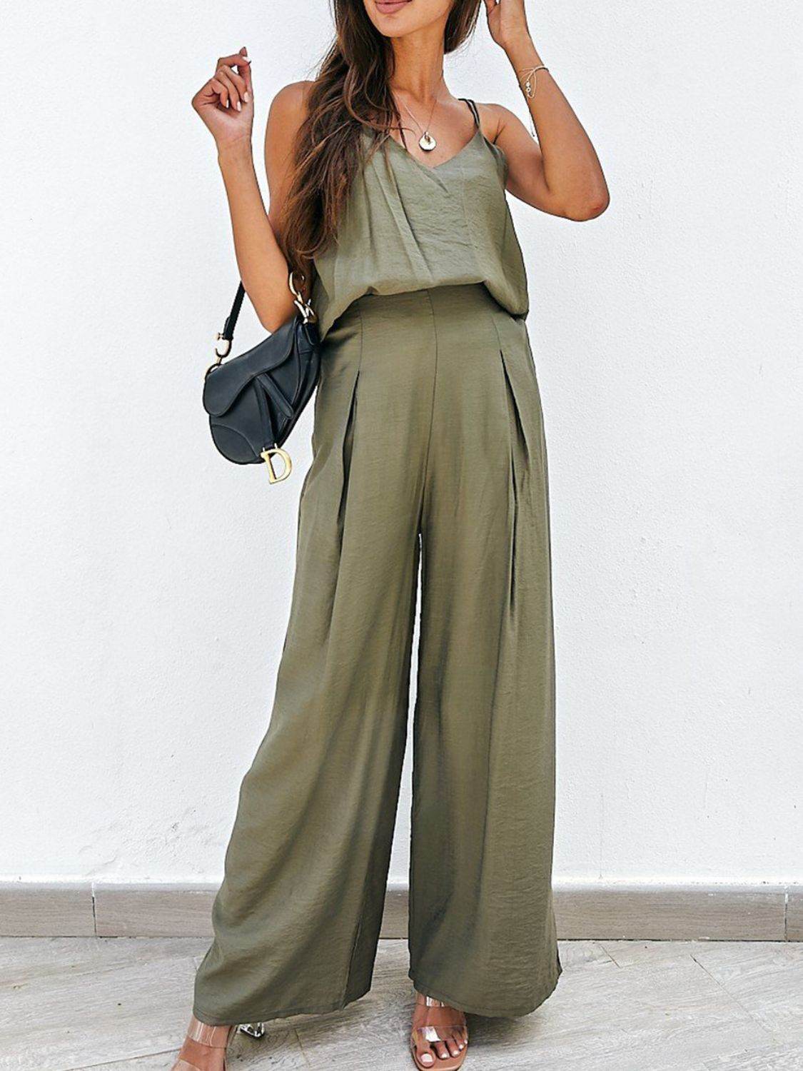 Spaghetti Strap Cami and Wide Leg Pants Set - DaTrendStore.Com