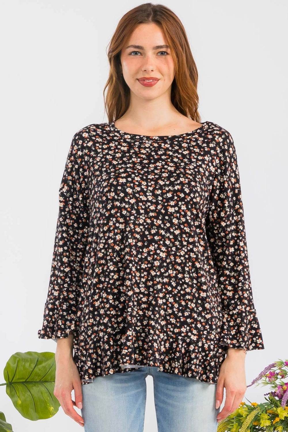 Celeste Full Size Floral Ruffle Detail Top - DaTrendStore.Com
