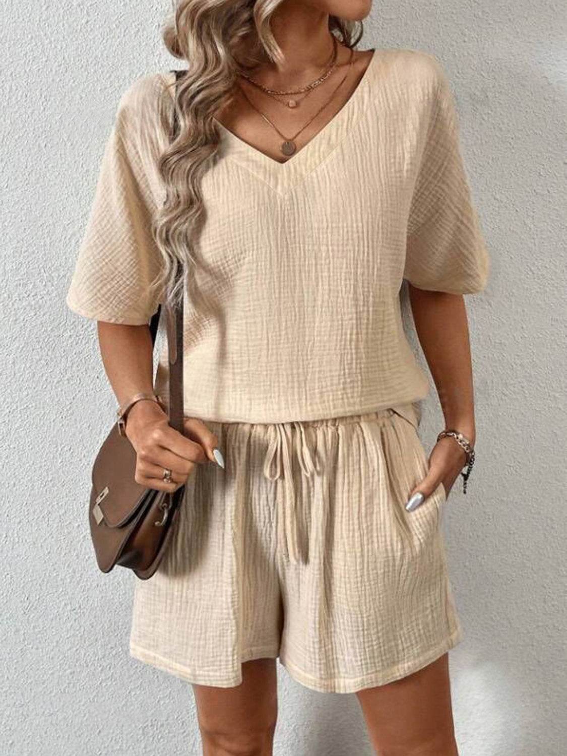 V-Neck Half Sleeve Top and Shorts Set - DaTrendStore.Com