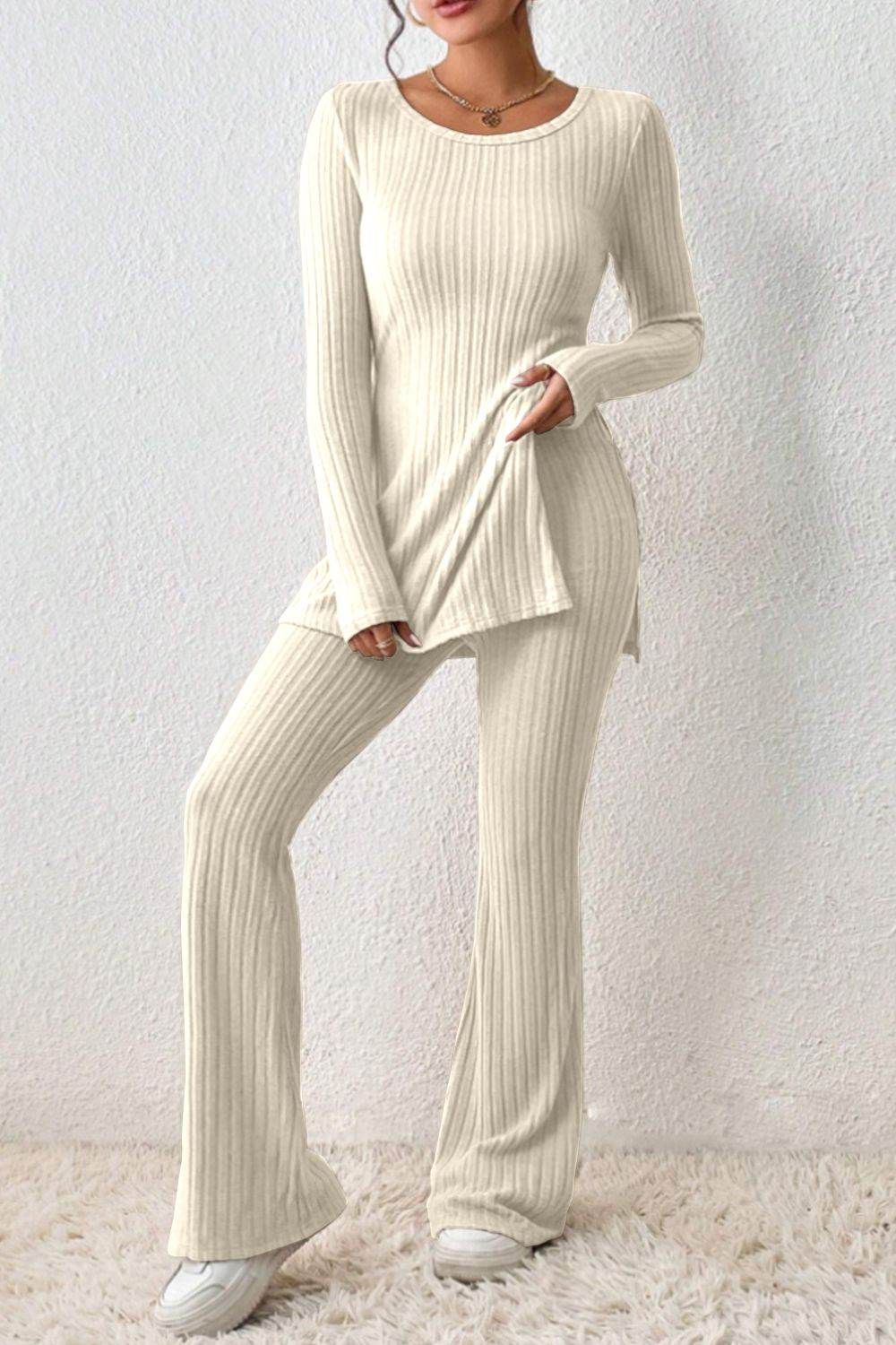 Ribbed Long Sleeve Slit Top and Bootcut Pants Set - DaTrendStore.Com