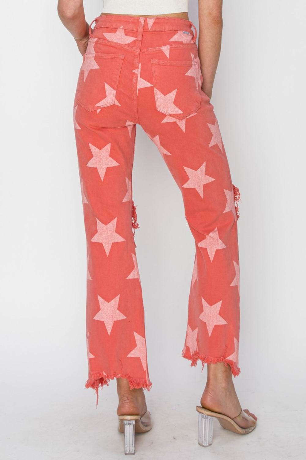 RISEN Full Size Distressed Raw Hem Star Pattern Jeans - DaTrendStore.Com