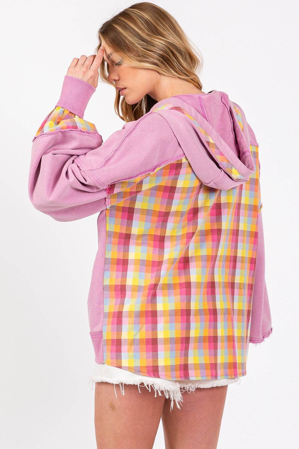 SAGE + FIG Full Size Plaid Print Washed Hoodie - DaTrendStore.Com