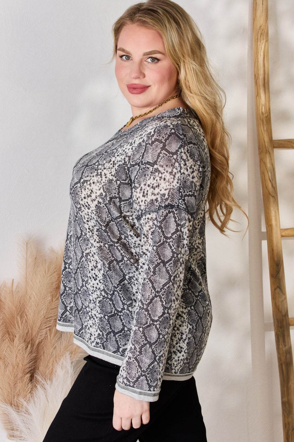 Hailey & Co Full Size Snakeskin V-Neck Long Sleeve Top - DaTrendStore.Com