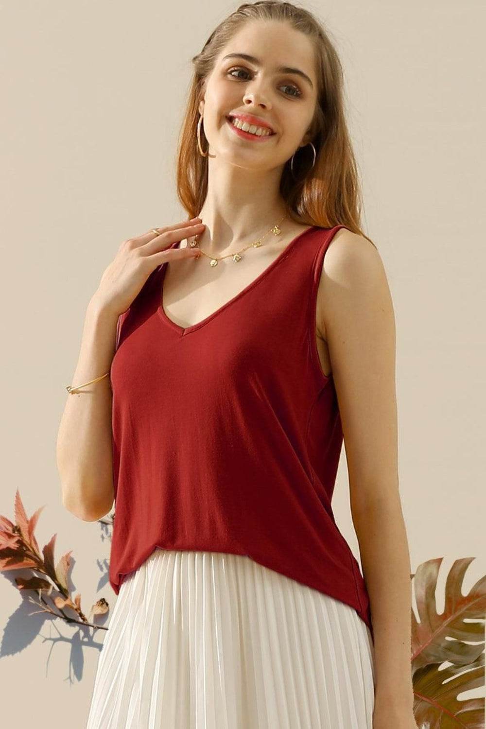 Ninexis Full Size V-Neck Curved Hem Tank - DaTrendStore.Com