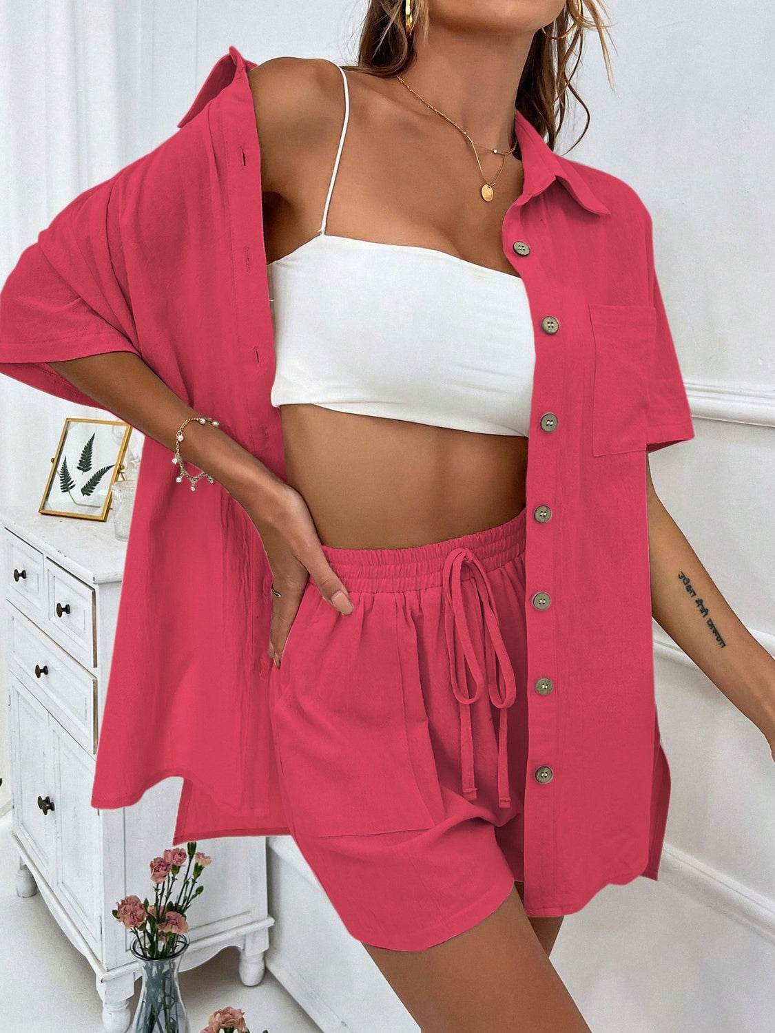 Honey Button Up Half Sleeve Top and Shorts Set - DaTrendStore.Com