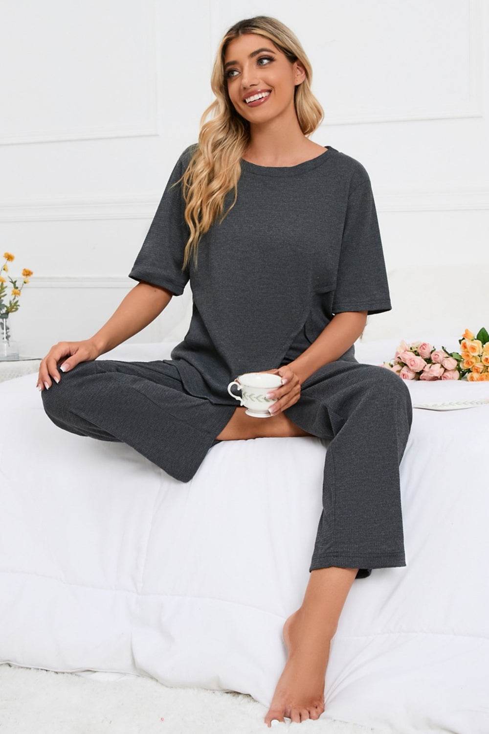Slit Round Neck Top and Pants Lounge Set - DaTrendStore.Com