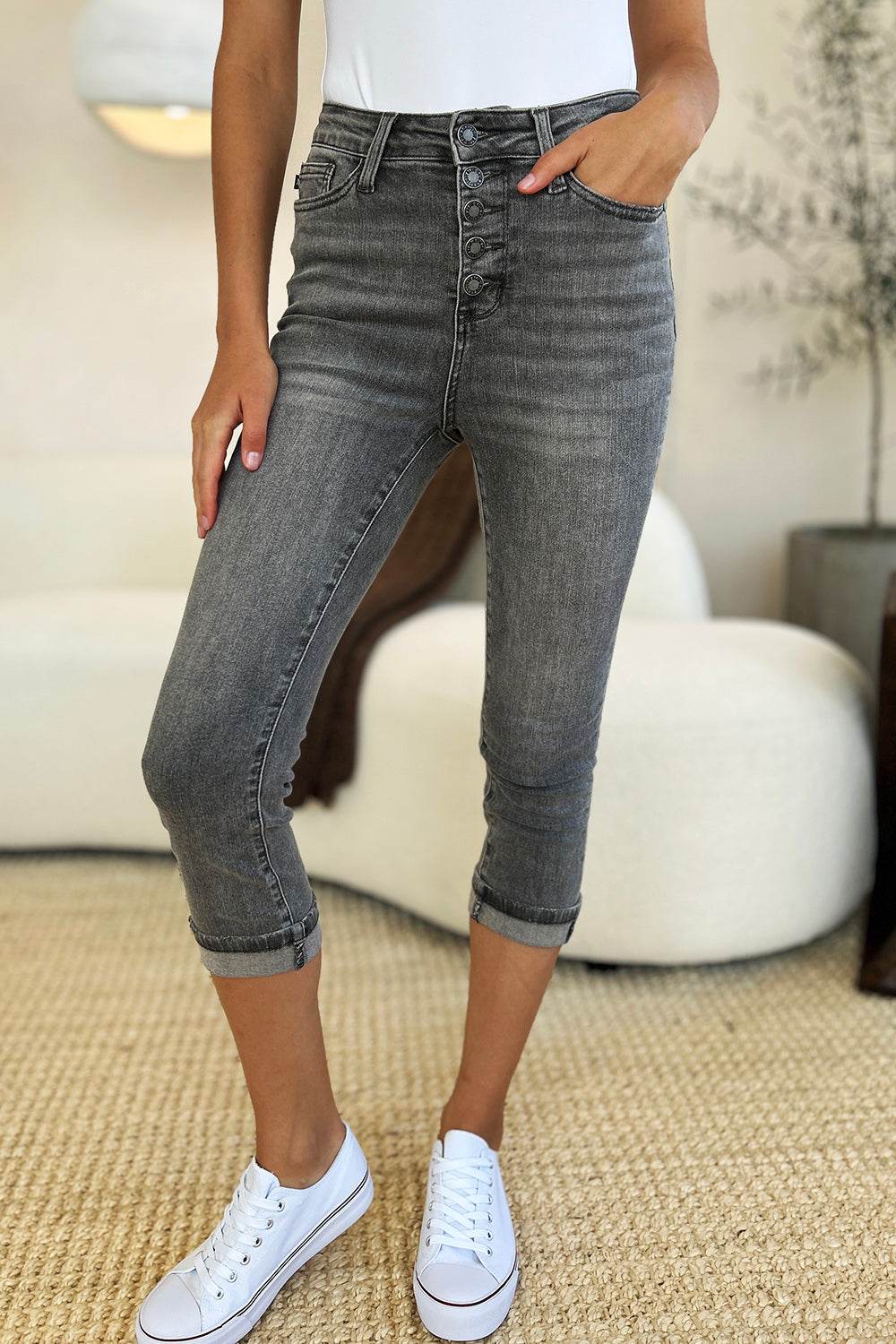Judy Blue Full Size Button Fly High Waist Cuffed Capris - DaTrendStore.Com