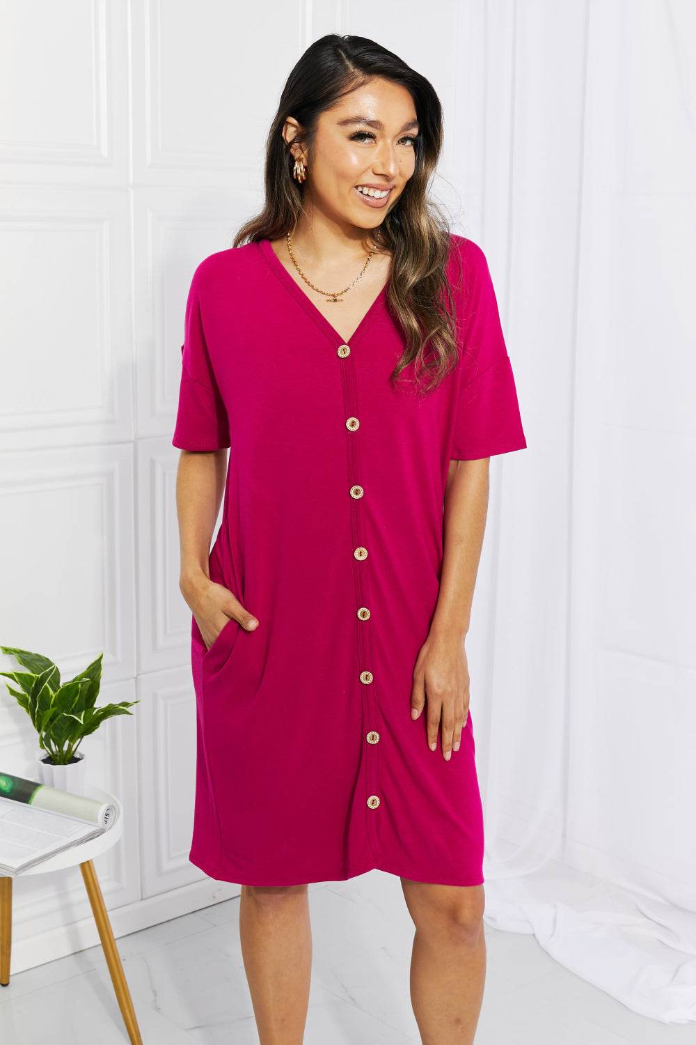 BOMBOM Sunday Brunch Button Down Knee-Length Dress in Magenta - DaTrendStore.Com