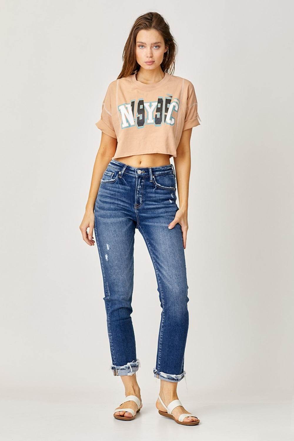 Risen Full Size High-Rise Frayed Cuffed Straight Jeans - DaTrendStore.Com