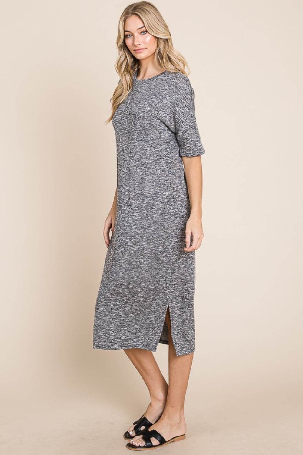 BOMBOM Slit Round Neck Half Sleeve Midi Dress - DaTrendStore.Com