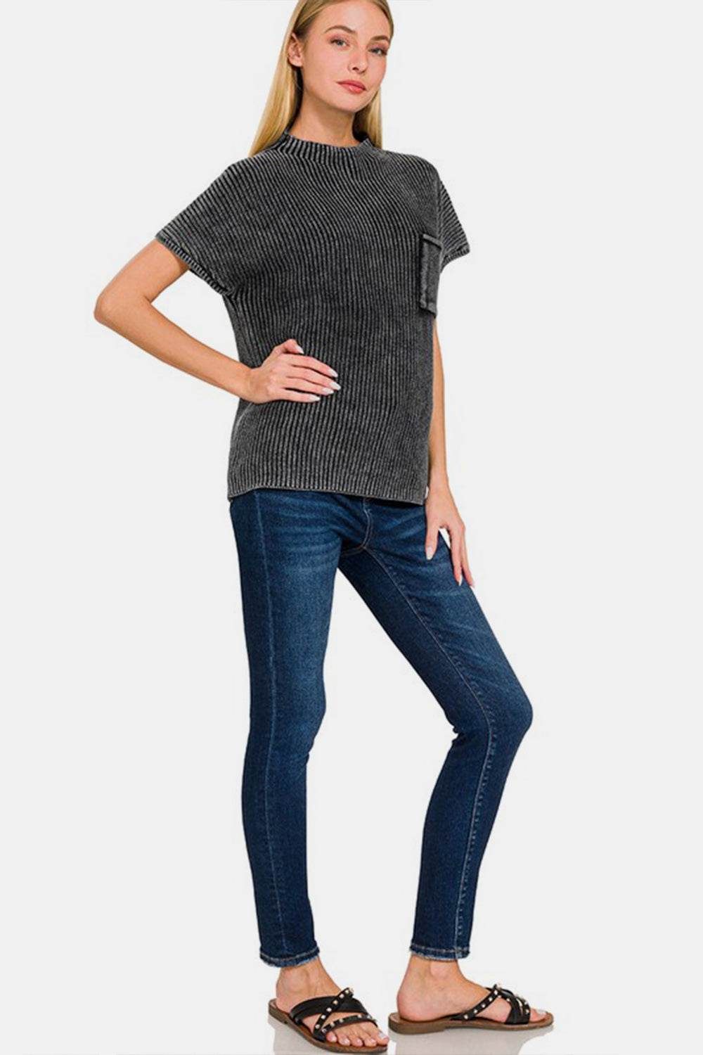 Zenana Pocketed Mock Neck Short Sleeve Sweater - DaTrendStore.Com