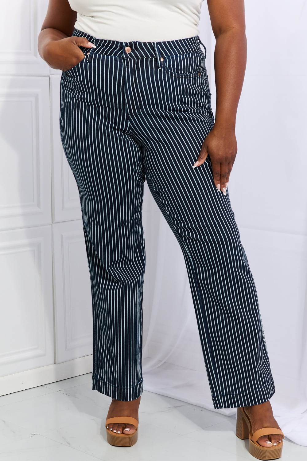 Judy Blue Cassidy Full Size High Waisted Tummy Control Striped Straight Jeans - DaTrendStore.Com