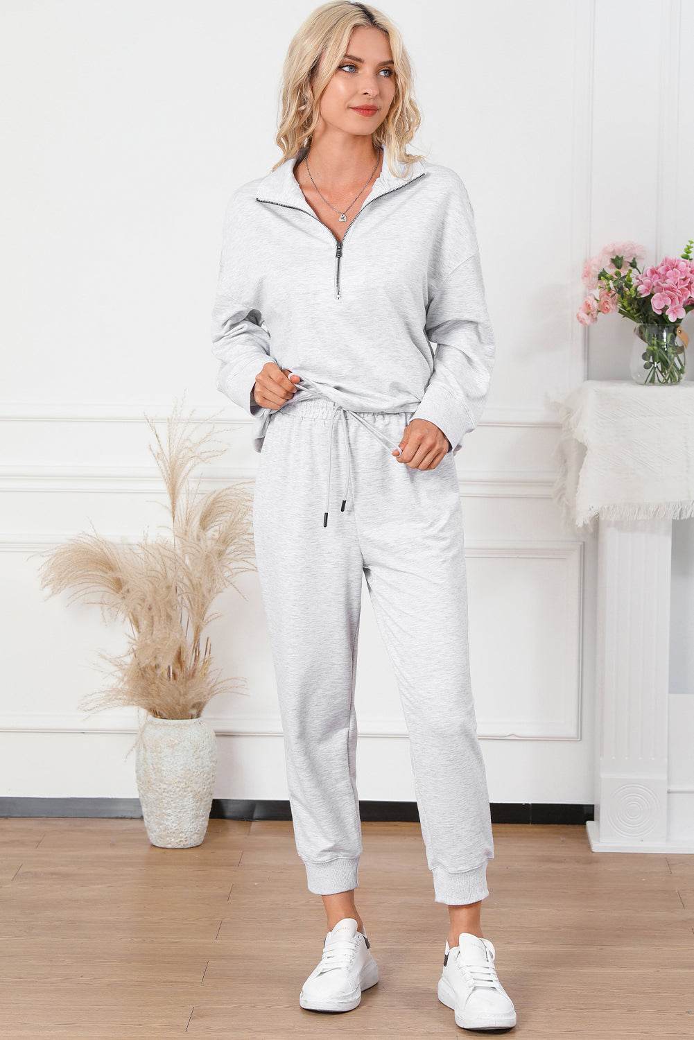 Half Zip Sweatshirt and Drawstring Sweatpants Set - DaTrendStore.Com