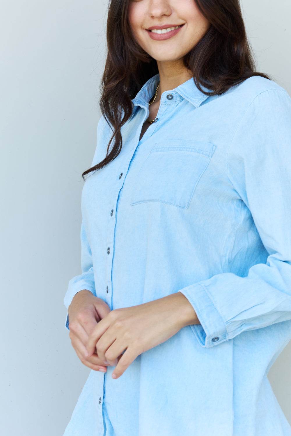 Doublju Blue Jean Baby Denim Button Down Shirt Top in Light Blue - DaTrendStore.Com