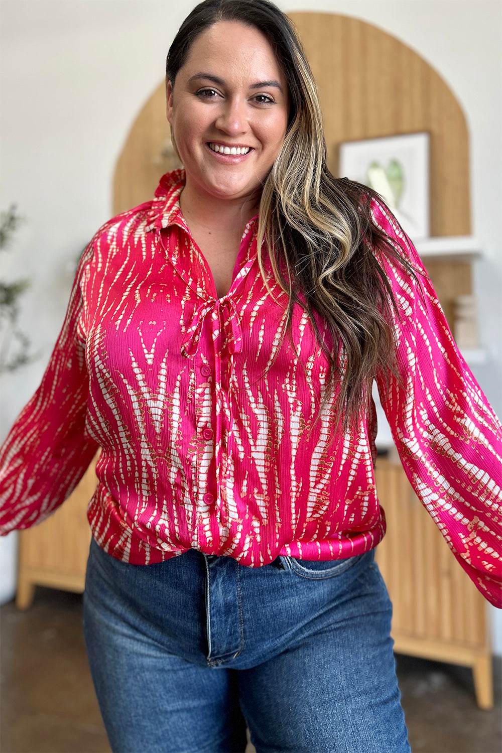 Double Take Full Size Printed Button Up Long Sleeve Shirt - DaTrendStore.Com