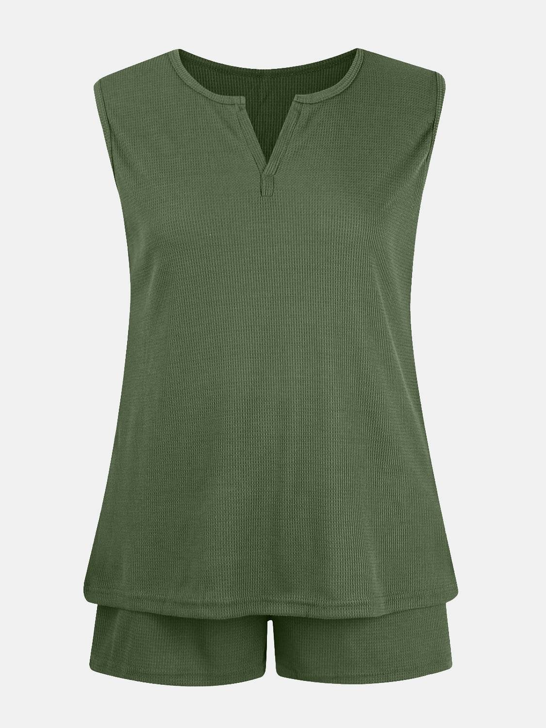 Full Size Waffle-Knit Notched Top and Shorts Set - DaTrendStore.Com