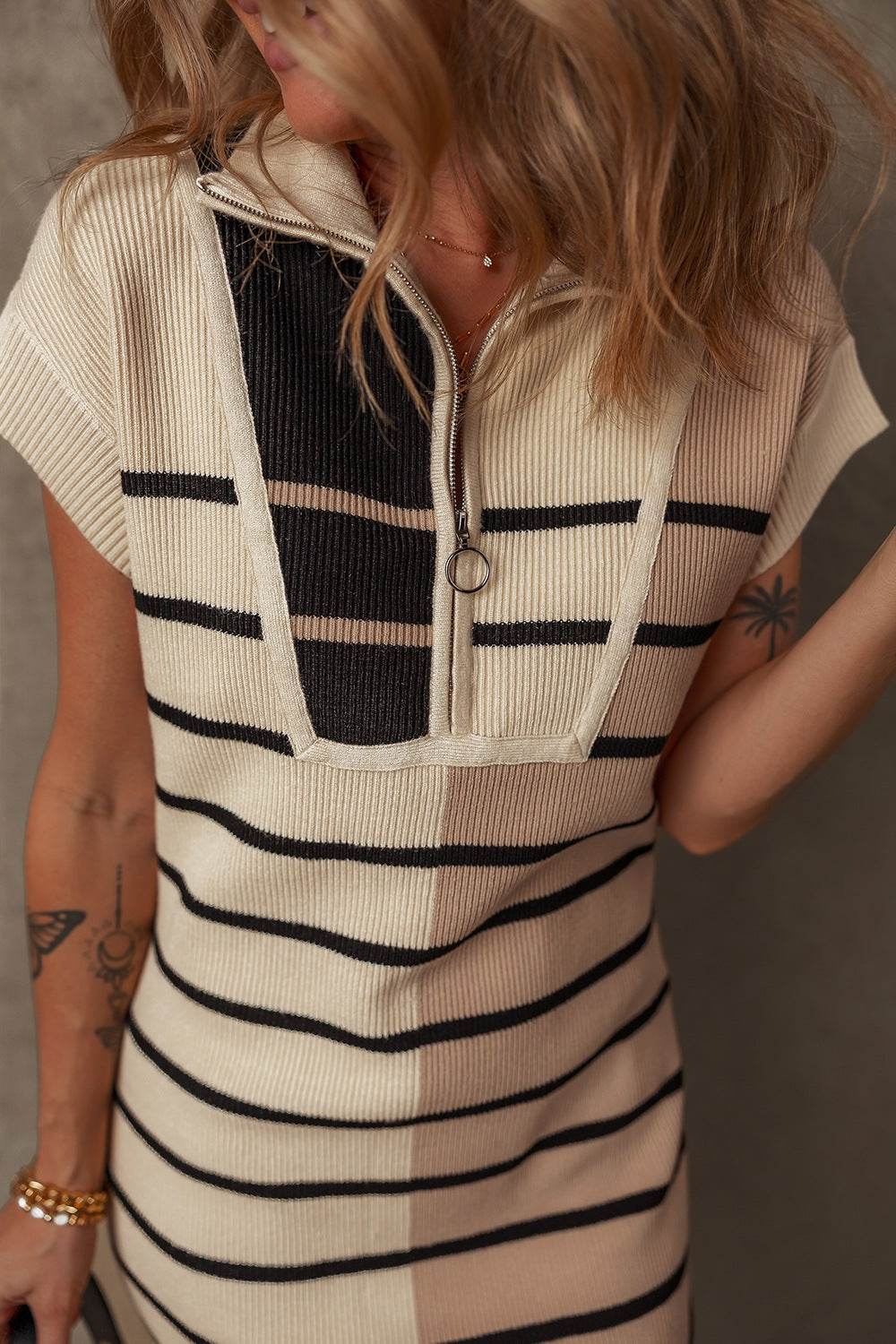 Striped Quarter Zip Cap Sleeve Sweater Dress - DaTrendStore.Com