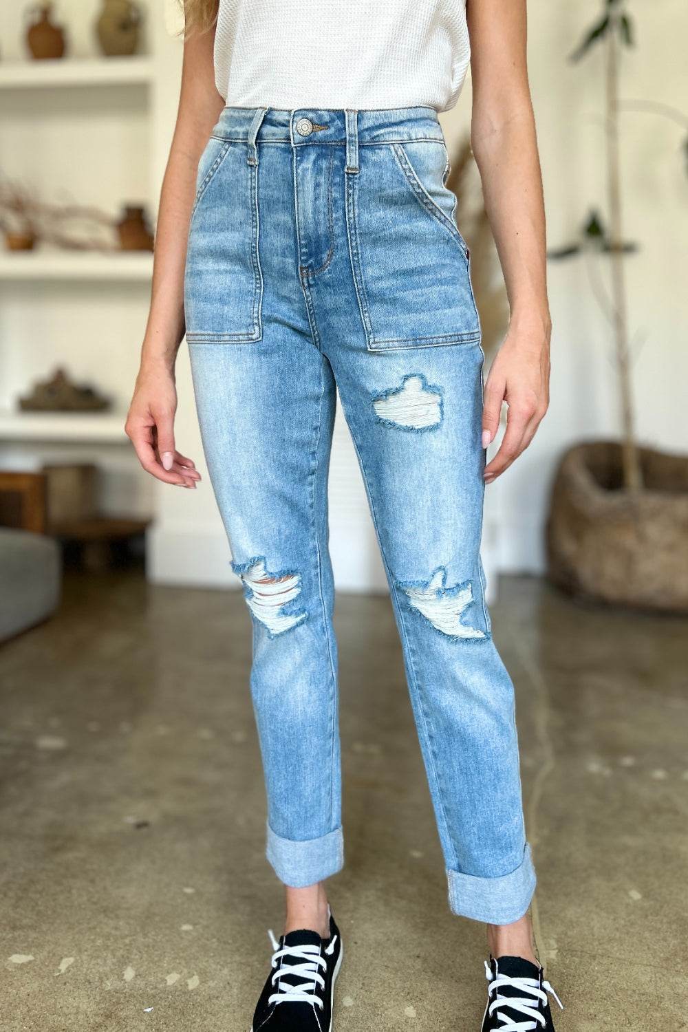 Judy Blue Full Size Distressed Straight Jeans with Patch Pockets - DaTrendStore.Com