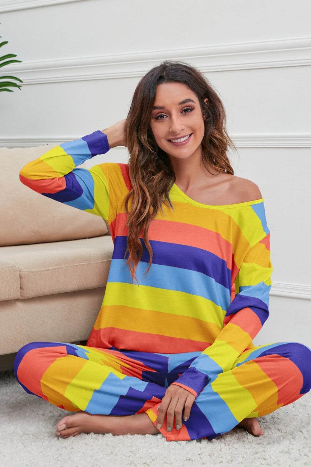 Striped Round Neck Long Sleeve Top and Drawstring Pants Lounge Set - DaTrendStore.Com