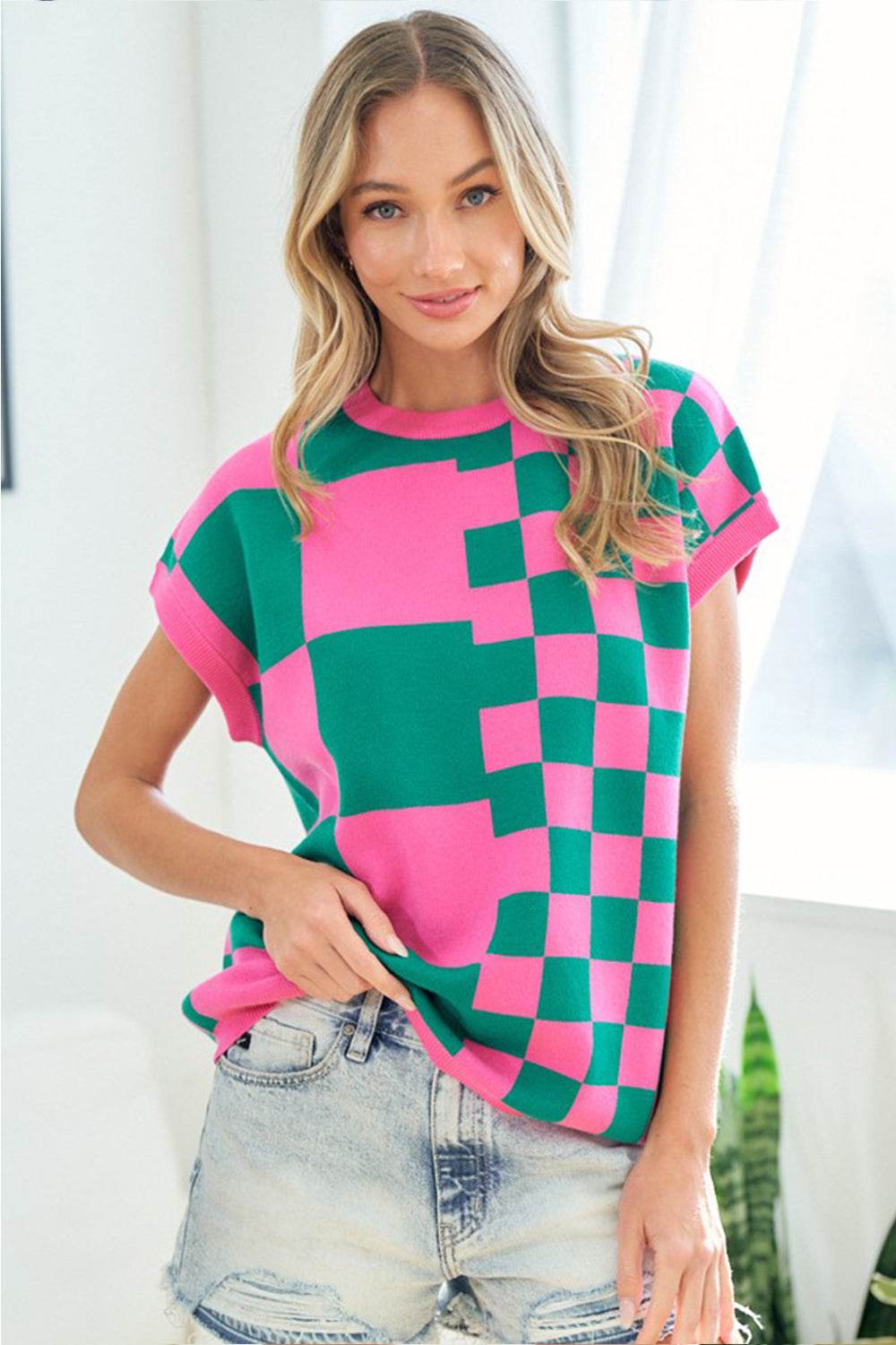 First Love Checkered Drop Shoulder Knit Top - DaTrendStore.Com
