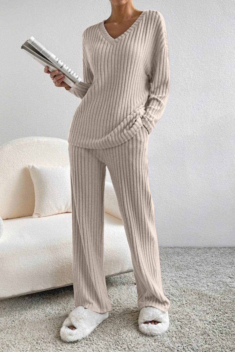 Ribbed V-Neck Top and Pants Set - DaTrendStore.Com