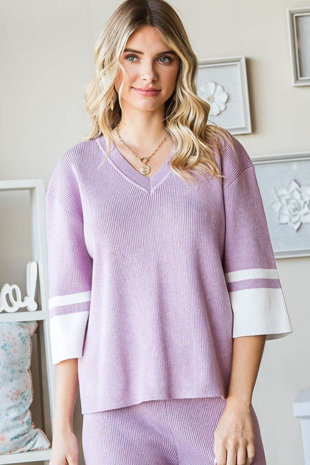 First Love Contrast V Neck Ribbed Knit Top - DaTrendStore.Com