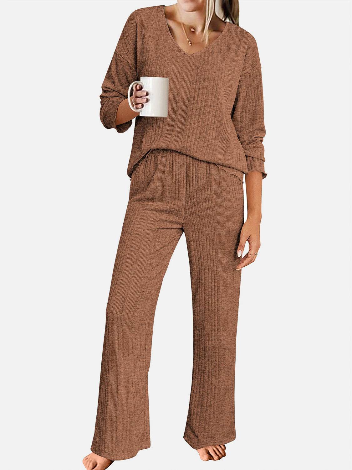 V-Neck Long Sleeve Top and Pants Set - DaTrendStore.Com