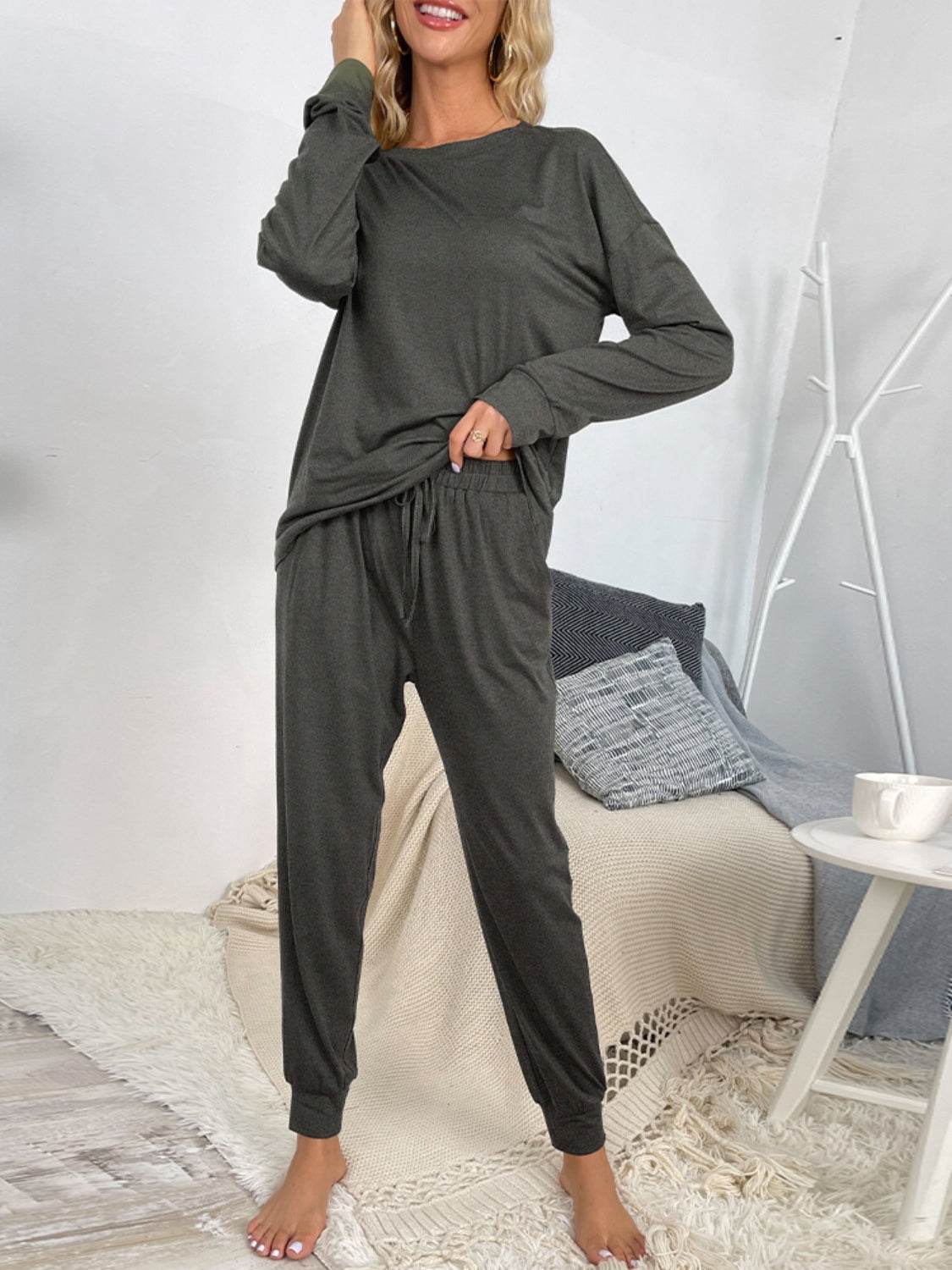 Shiny Round Neck Top and Drawstring Pants Lounge Set - DaTrendStore.Com