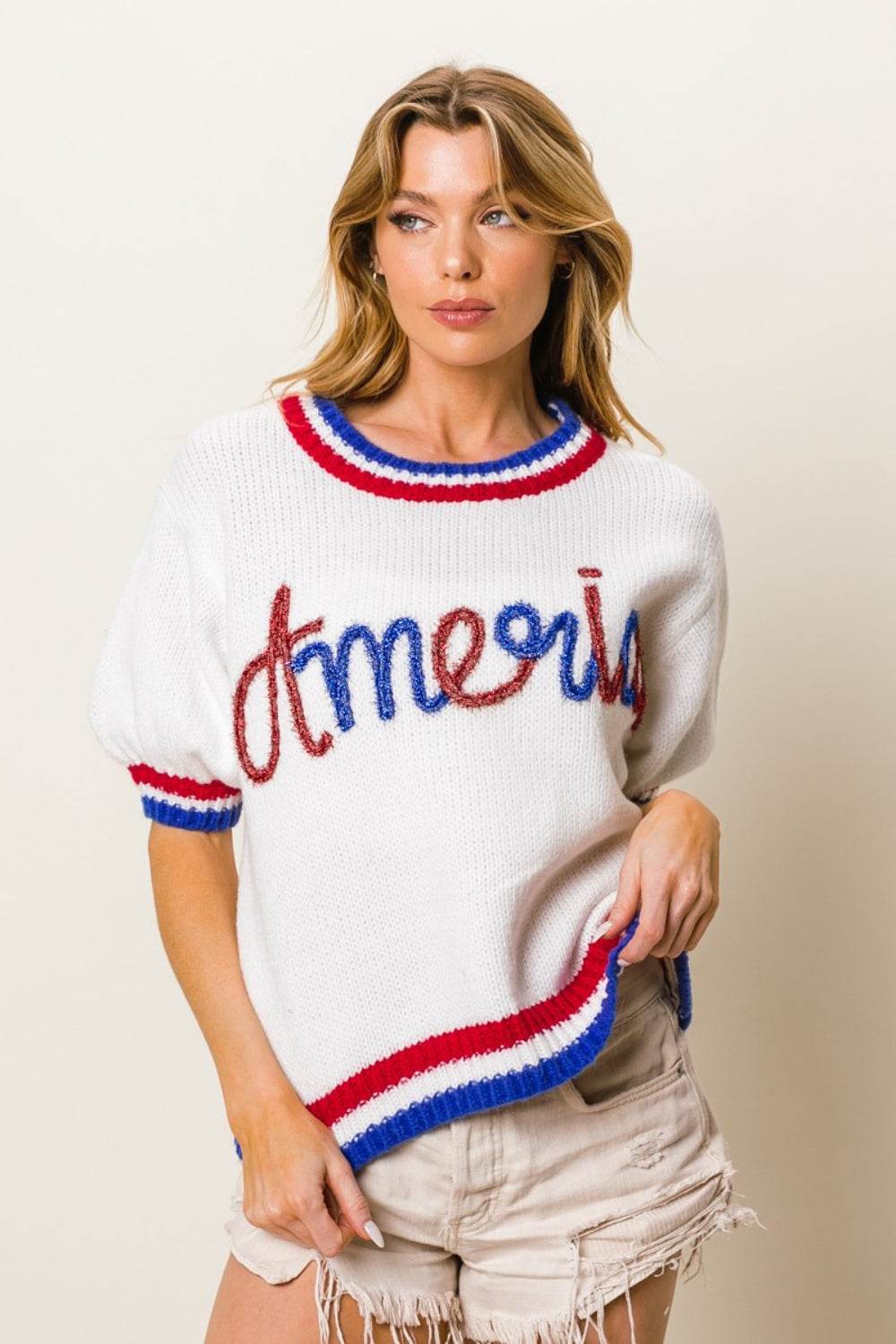 BiBi Metallic America Letter Short Sleeve Sweater - DaTrendStore.Com