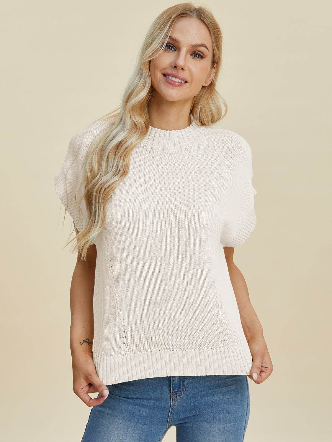 Double Take Full Size Mock Neck Short Sleeve Sweater - DaTrendStore.Com