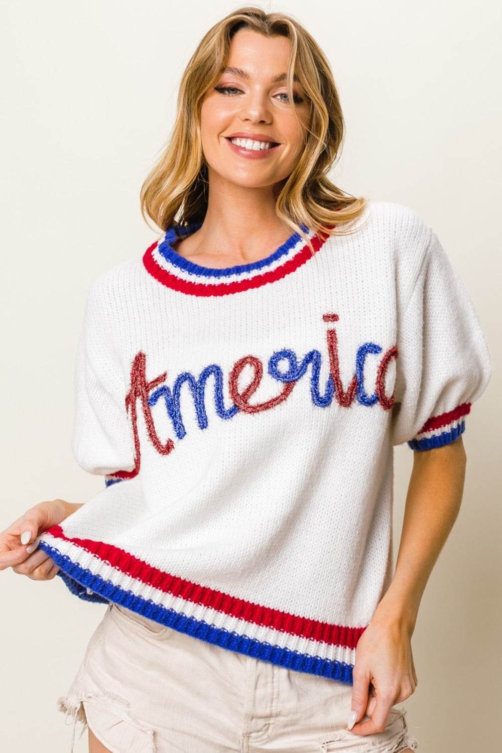 BiBi Metallic America Letter Short Sleeve Sweater - DaTrendStore.Com