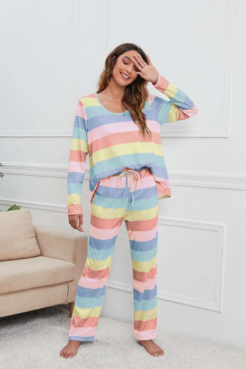 Striped Round Neck Long Sleeve Top and Drawstring Pants Lounge Set - DaTrendStore.Com