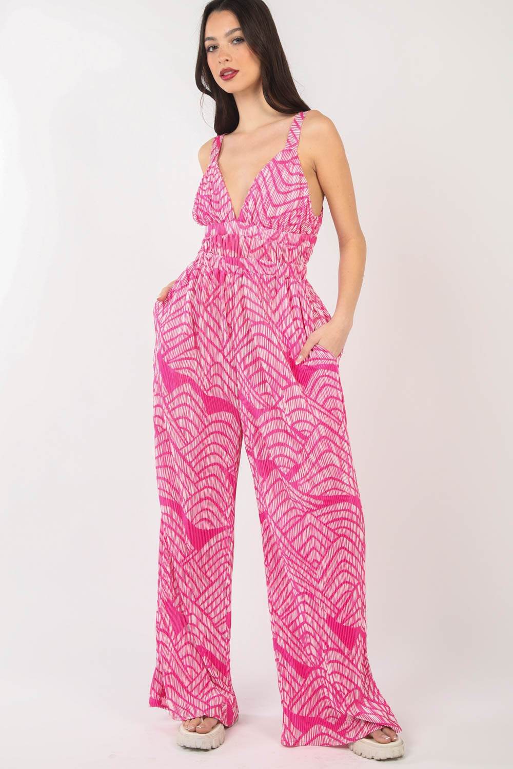 VERY J Printed Pleated Sleeveless Wide Leg Jumpsuit - DaTrendStore.Com