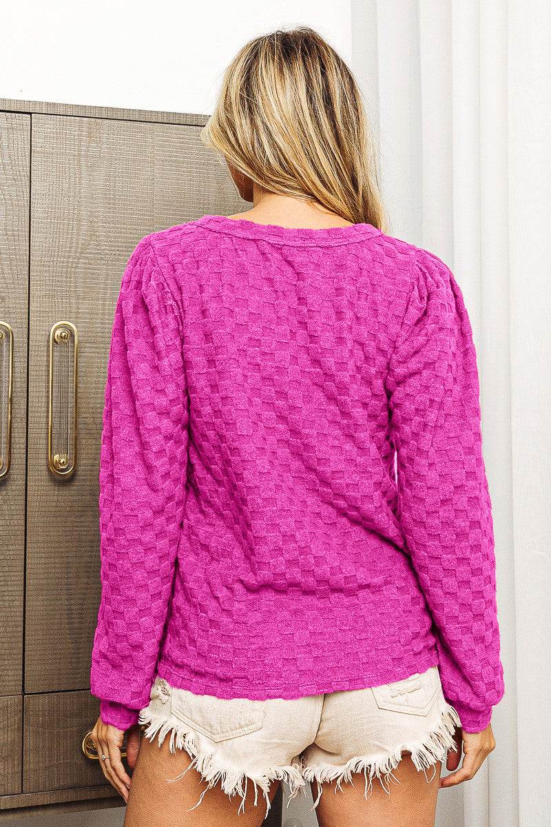 BiBi Round Neck Brushed Checker Top - DaTrendStore.Com