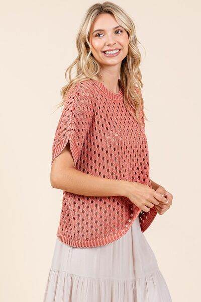 Mittoshop Mineral Wash Openwork Short Sleeve Knit Cover Up - DaTrendStore.Com